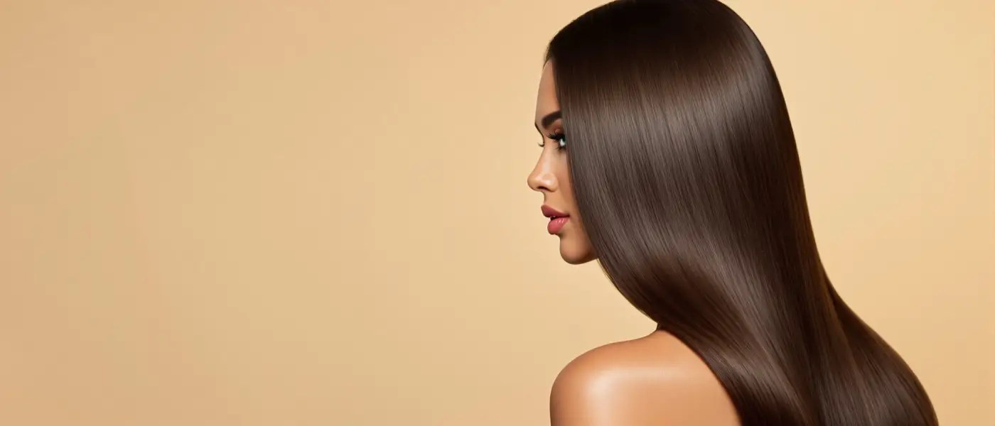 Cabello castaño liso con brillo espejo tras tratamiento capilar, estilo editorial