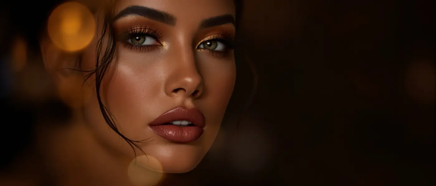 Maquillaje de noche con ojos ahumados y piel luminosa, estilo editorial
